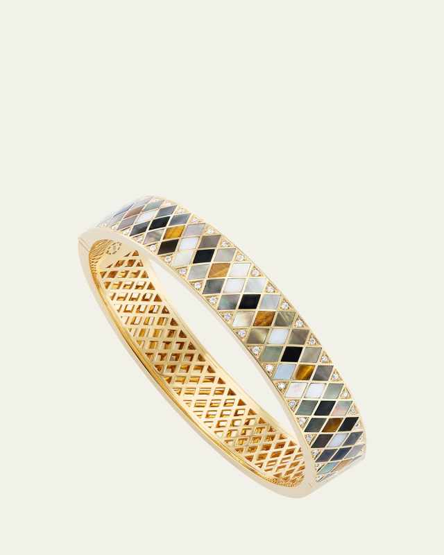 18K Yellow Temple Tile Inlay Bangle Bracelet with Diamonds, MOP and Gemstones